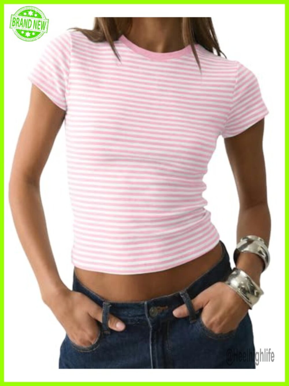 Striped Cropped Tee Short Sleeve Fitted Crewneck Crop Top